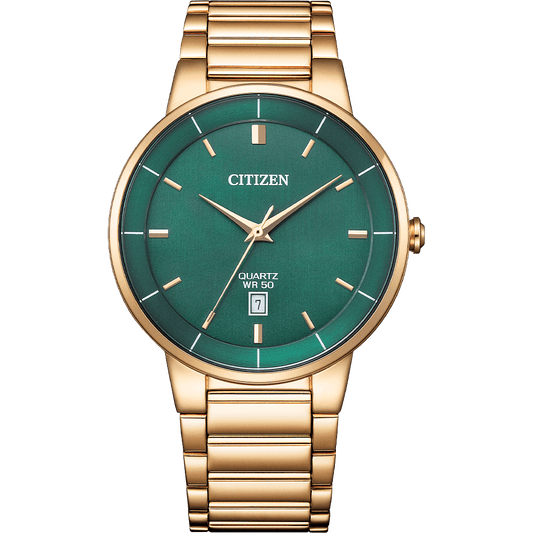 Citizen BI5123-52X Analog Quartz Men’s Watch | Green Dial | Rose-Gold Stainless Steel Bracelet | Date Display | 40 mm | 50 m Water Resistant