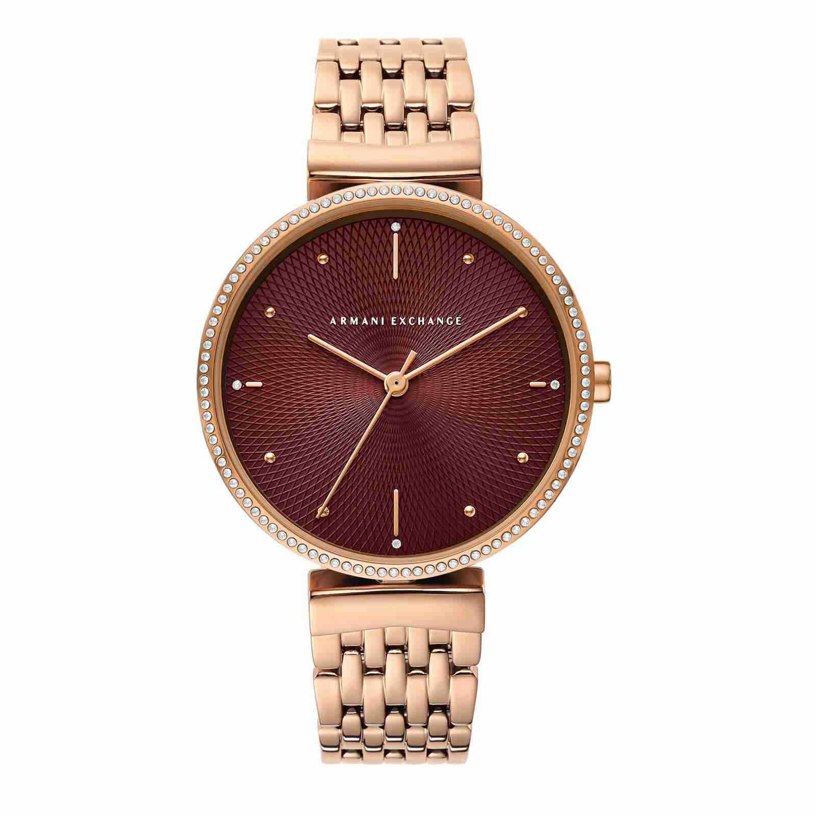 Armani Exchange AX5912I Women's Quartz Analog Watch Red Sunray Dial Rose Gold Stainless Steel Bracelet