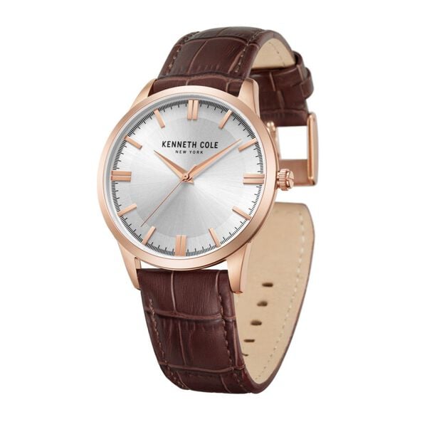 Kenneth Cole men's analog watch with silver dial and brown leather strap
