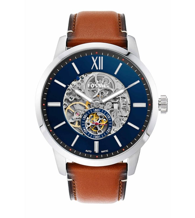 Fossil ME3154 Men's Automatic Skeleton Watch Blue Dial Brown Leather Strap