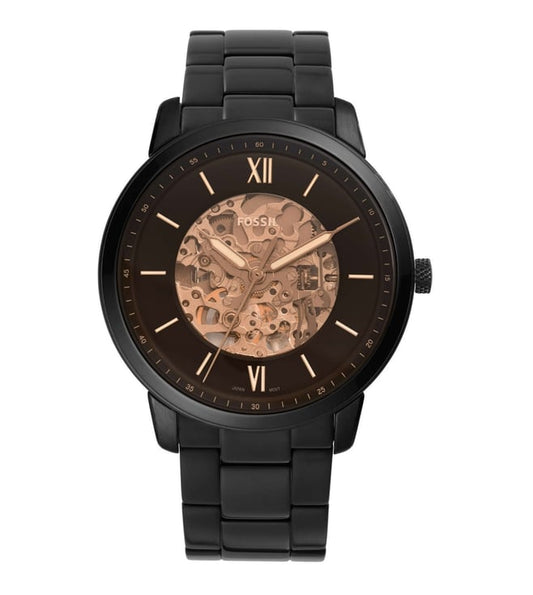 Fossil ME3183I Men's Automatic Skeleton Watch Black Dial Black Stainless Steel Strap