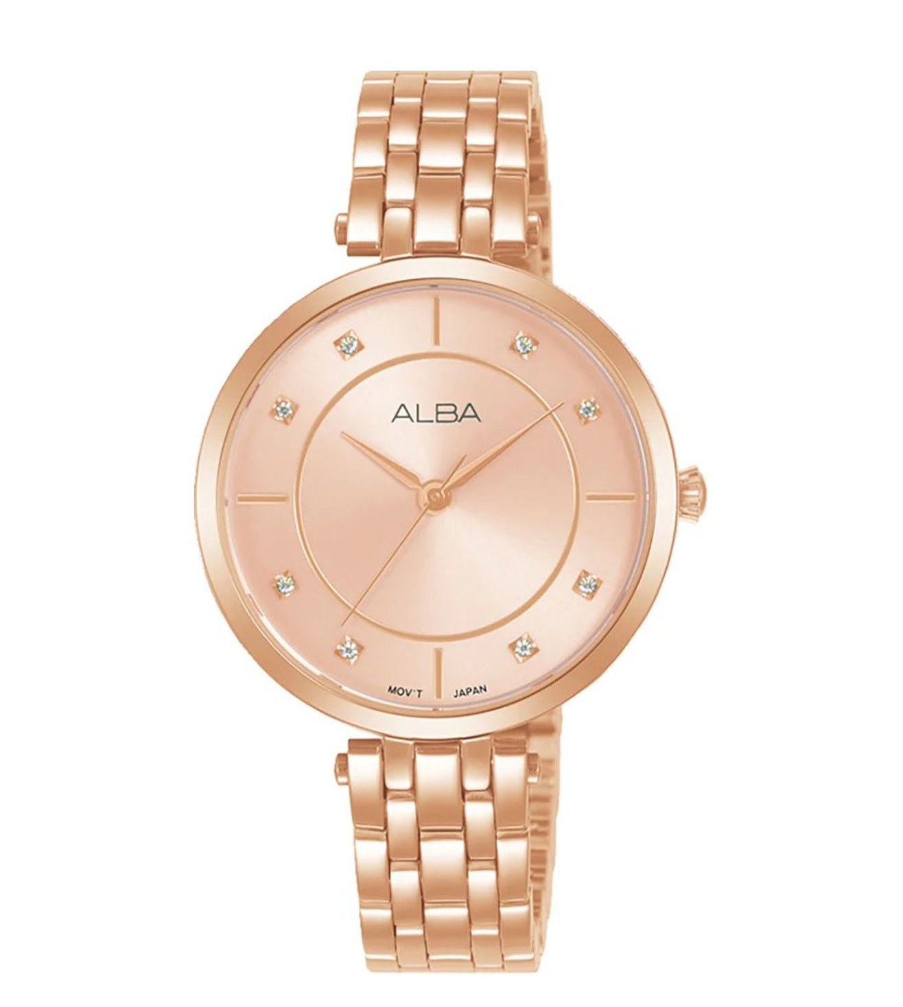 Rose gold watch with diamond accents on a white background