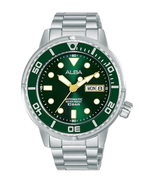 Alba AL4243X1 men’s automatic watch with emerald green dial and stainless steel bracelet