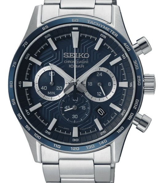 Seiko SSB445P1 Men Quartz Blue Dial Stainless Steel Tachymeter Chronograph Watch