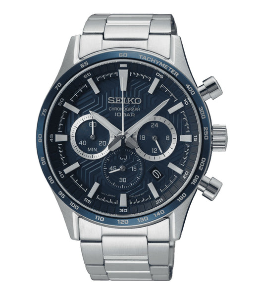 Seiko SSB445P1 Men Quartz Blue Dial Stainless Steel Tachymeter Chronograph Watch