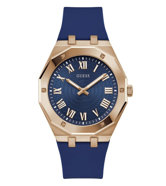 Guess GW0663G3 Analog Quartz Men Blue Dial Rose Gold Tone Case Blue Silicone Strap Watch