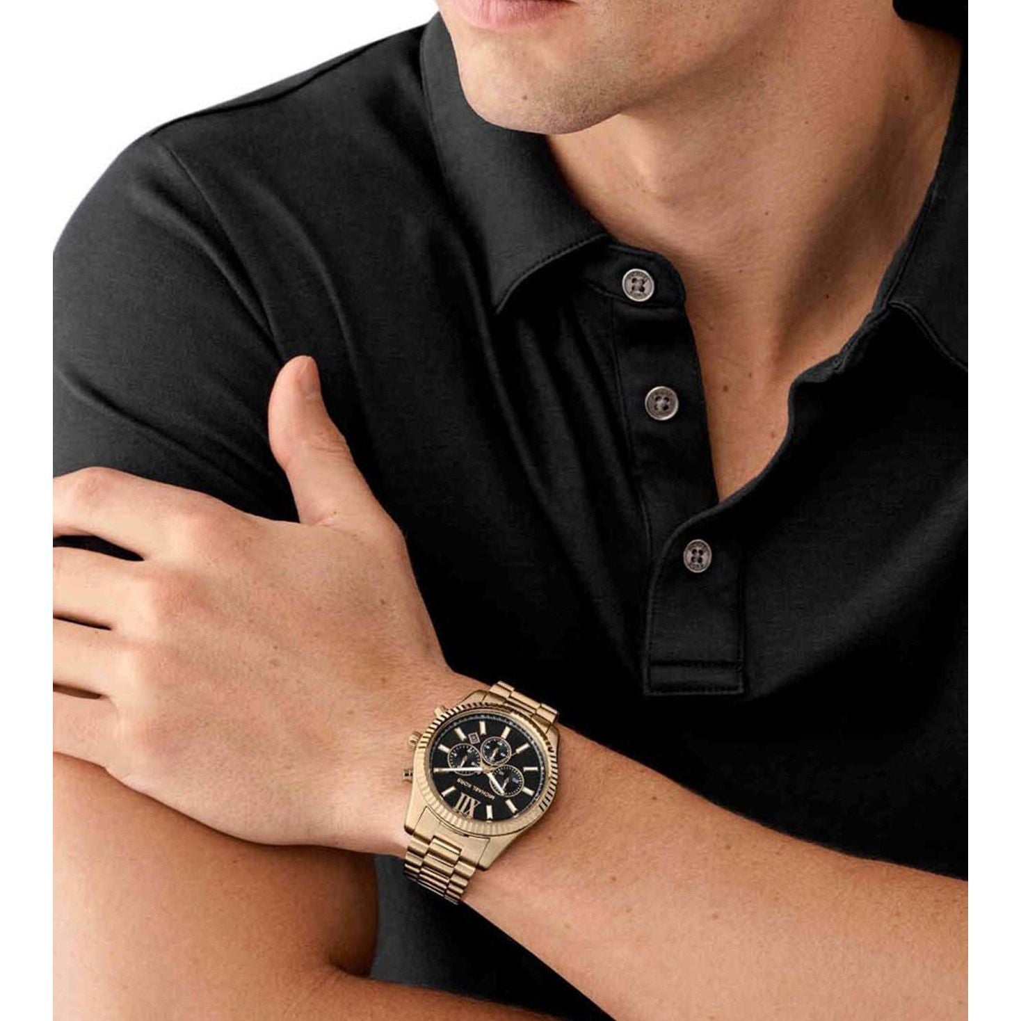 Michael Kors MK9155I Men Quartz Black Dial Beige Gold-Tone Stainless Steel Chronograph Watch