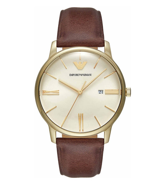 Emporio Armani AR11610I Minimalist Men's Cream Dial Brown Leather Analog Watch
