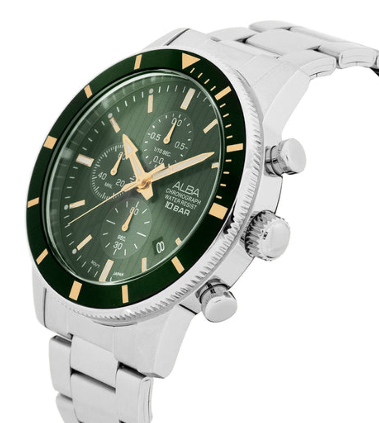Alba AM3953X1 Men’s Chronograph Watch with Forest Green Dial & Silver Stainless-Steel Strap