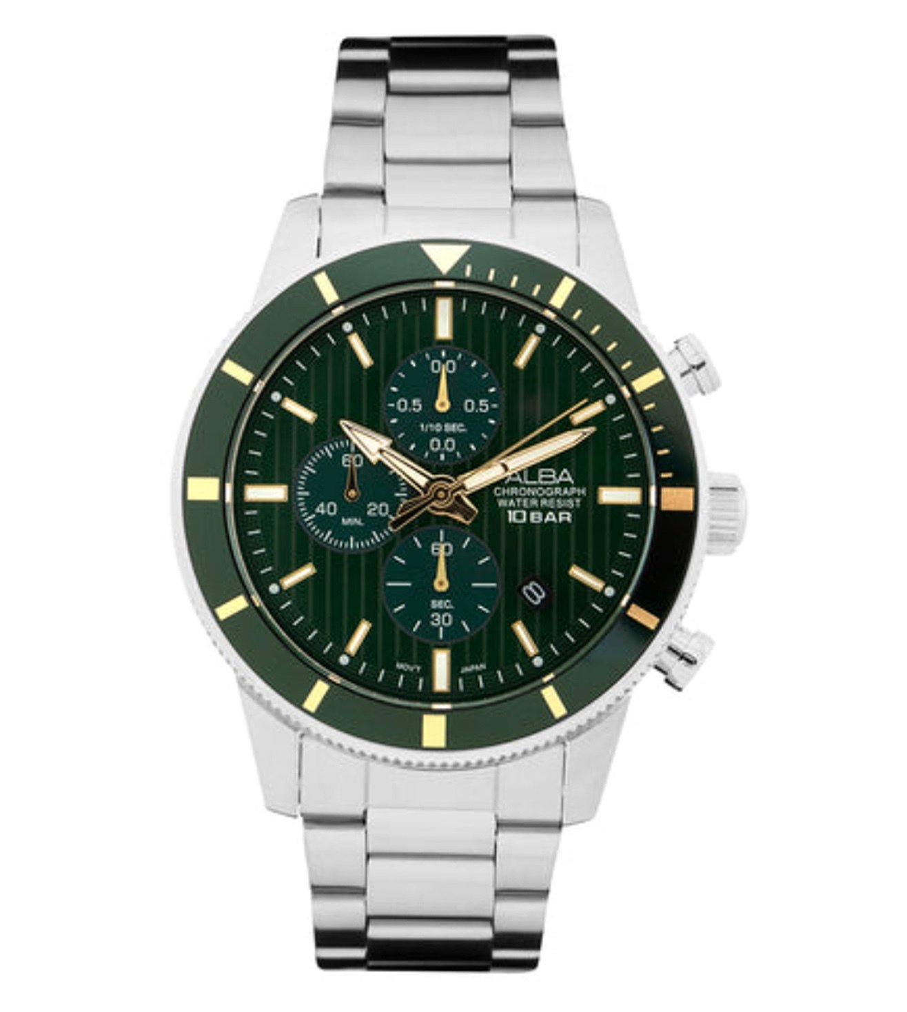 Alba AM3953X1 Men’s Chronograph Watch with Forest Green Dial & Silver Stainless-Steel Strap