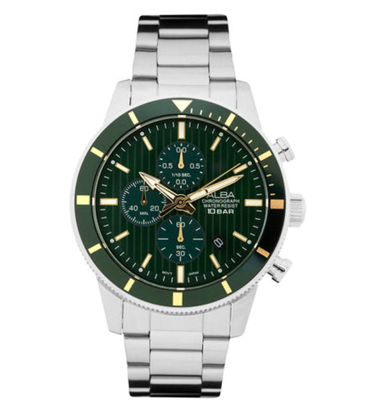 Alba AM3953X1 Men’s Chronograph Watch with Forest Green Dial & Silver Stainless-Steel Strap