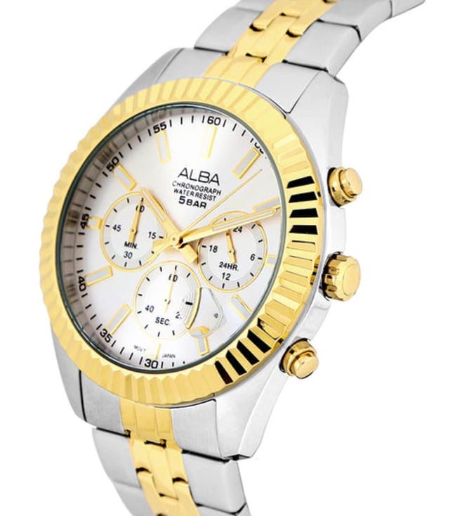 Alba AT3H14X1 Men’s Chronograph Watch with Silver-White Dial & Two-Tone Stainless Steel Strap