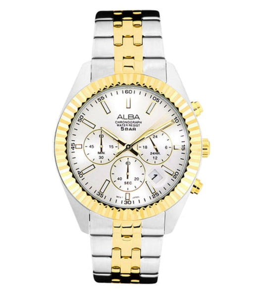 Alba AT3H14X1 Men’s Chronograph Watch with Silver-White Dial & Two-Tone Stainless Steel Strap