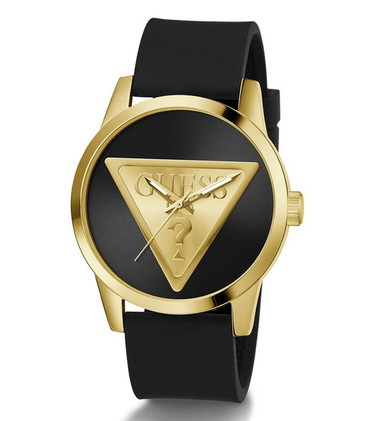 GUESS GW0781G4 Quartz Men’s Badge Black & Gold-Tone Analog Watch with Black Silicone Strap