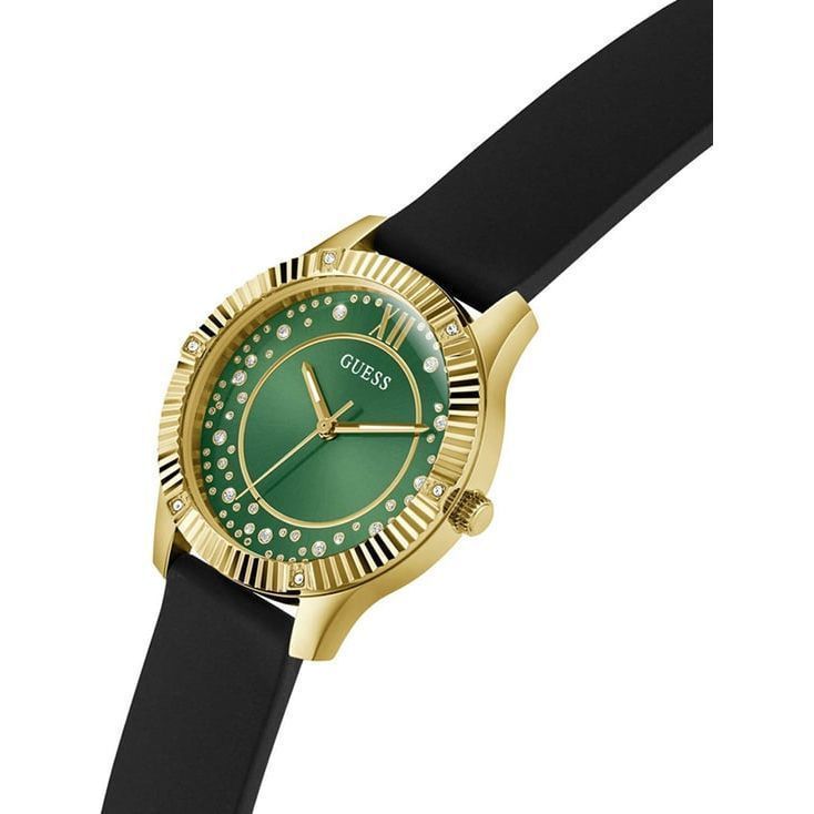 GUESS GW0766L3 Quartz Women’s Starstruck Gold-Tone Analog Watch with Green Dial & Black Silicone Strap