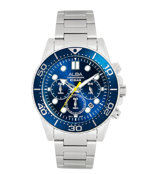 Alba AT3J43X1 Men’s Chronograph Watch with Cobalt Blue Dial & Silver Stainless-Steel Strap