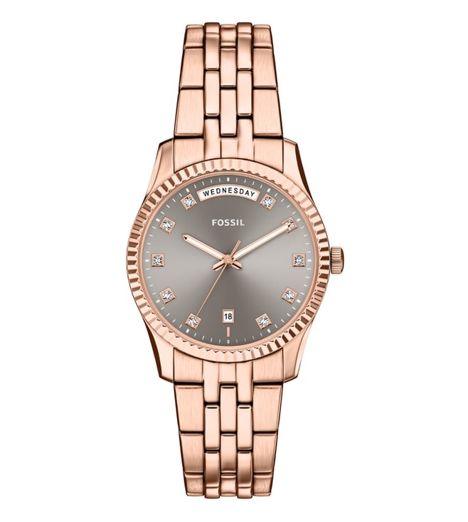 Fossil ES5459I Women's Quartz Day-Date Watch Grey Dial Rose Gold Stainless Steel Strap