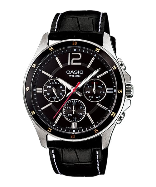 Casio A834 Enticer Men’s Watch with Black Dial, Black Leather Strap