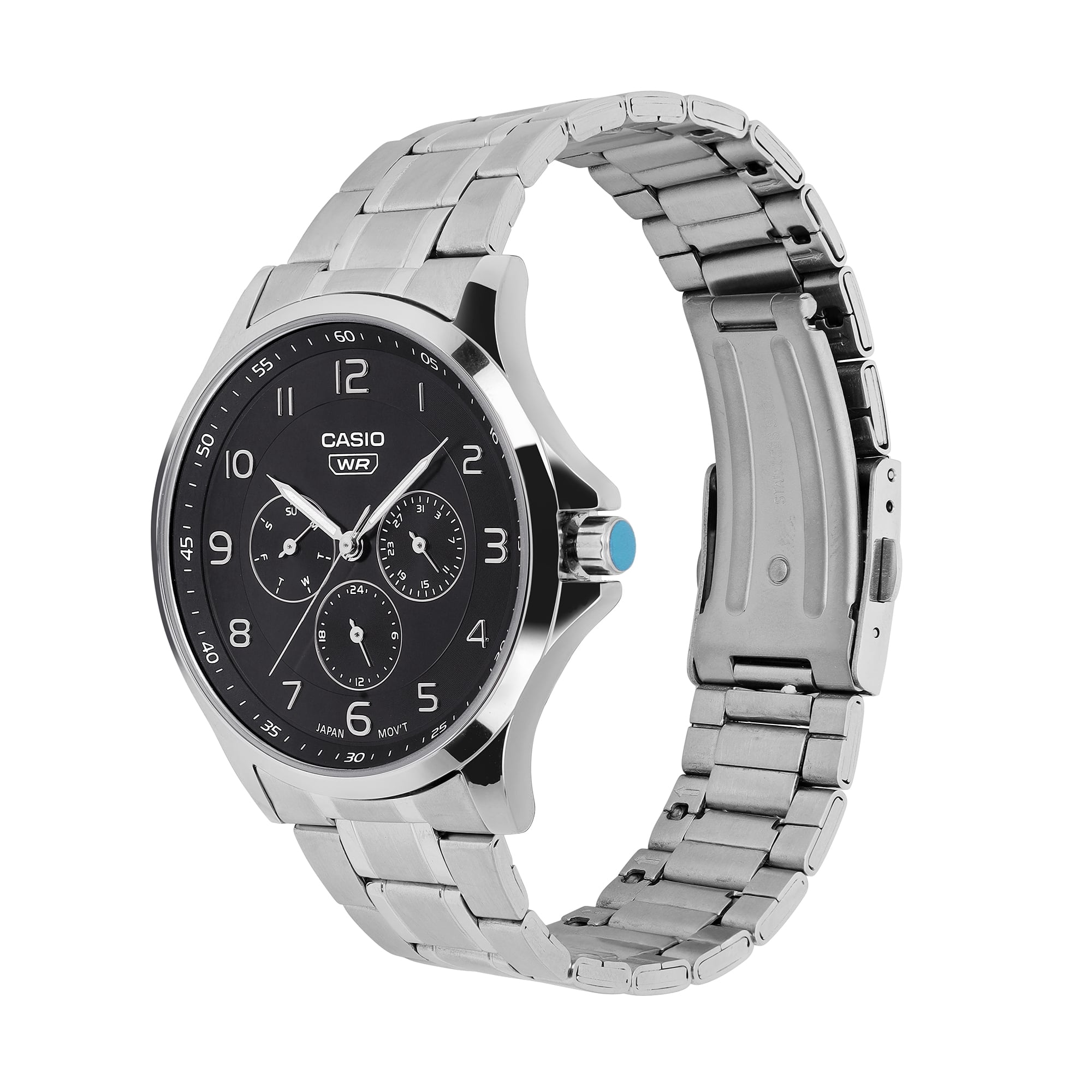 Casio A2450 Men’s Quartz Analog Watch with Black Dial, Silver Stainless Steel Strap