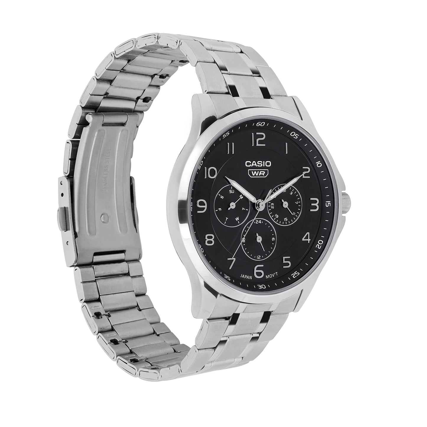 Casio A2450 Men’s Quartz Analog Watch with Black Dial, Silver Stainless Steel Strap