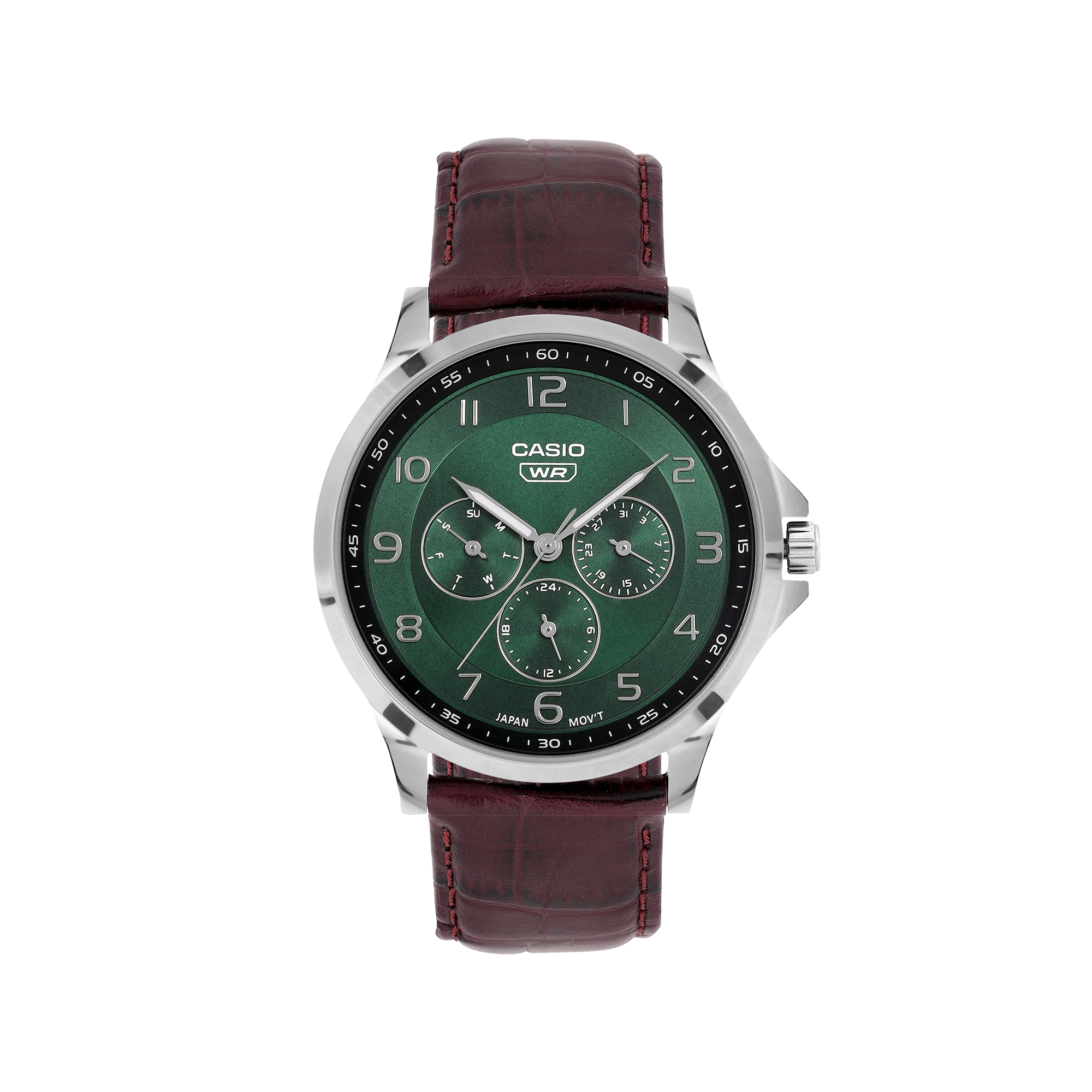 Casio A2456 Enticer Men’s Quartz Analog Watch with Green Dial, Brown Leather Strap