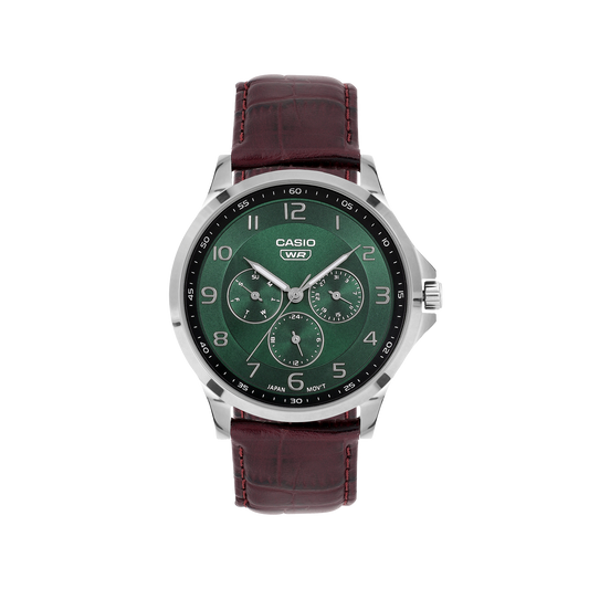 Casio A2456 Enticer Men’s Quartz Analog Watch with Green Dial, Brown Leather Strap