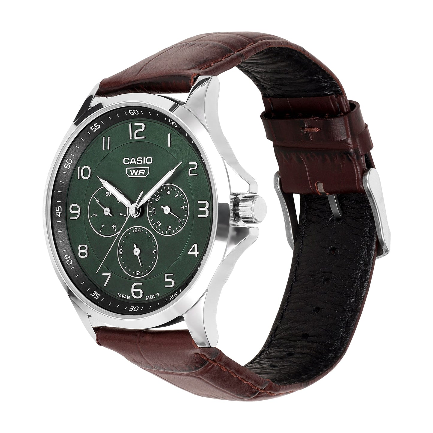 Casio A2456 Enticer Men’s Quartz Analog Watch with Green Dial, Brown Leather Strap