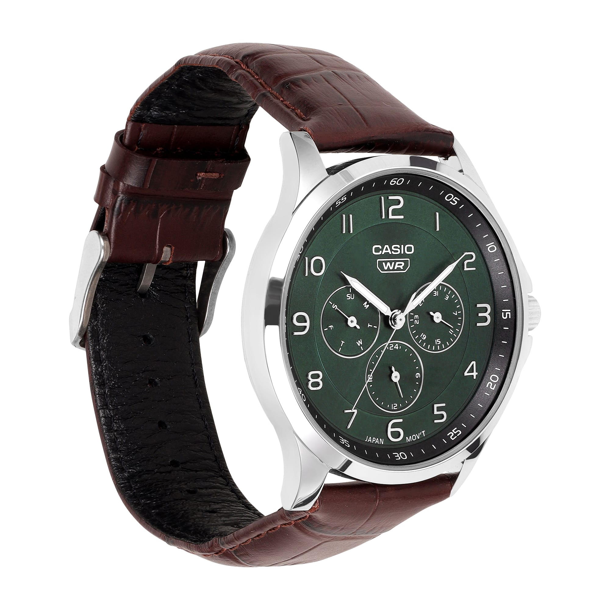Casio A2456 Enticer Men’s Quartz Analog Watch with Green Dial, Brown Leather Strap