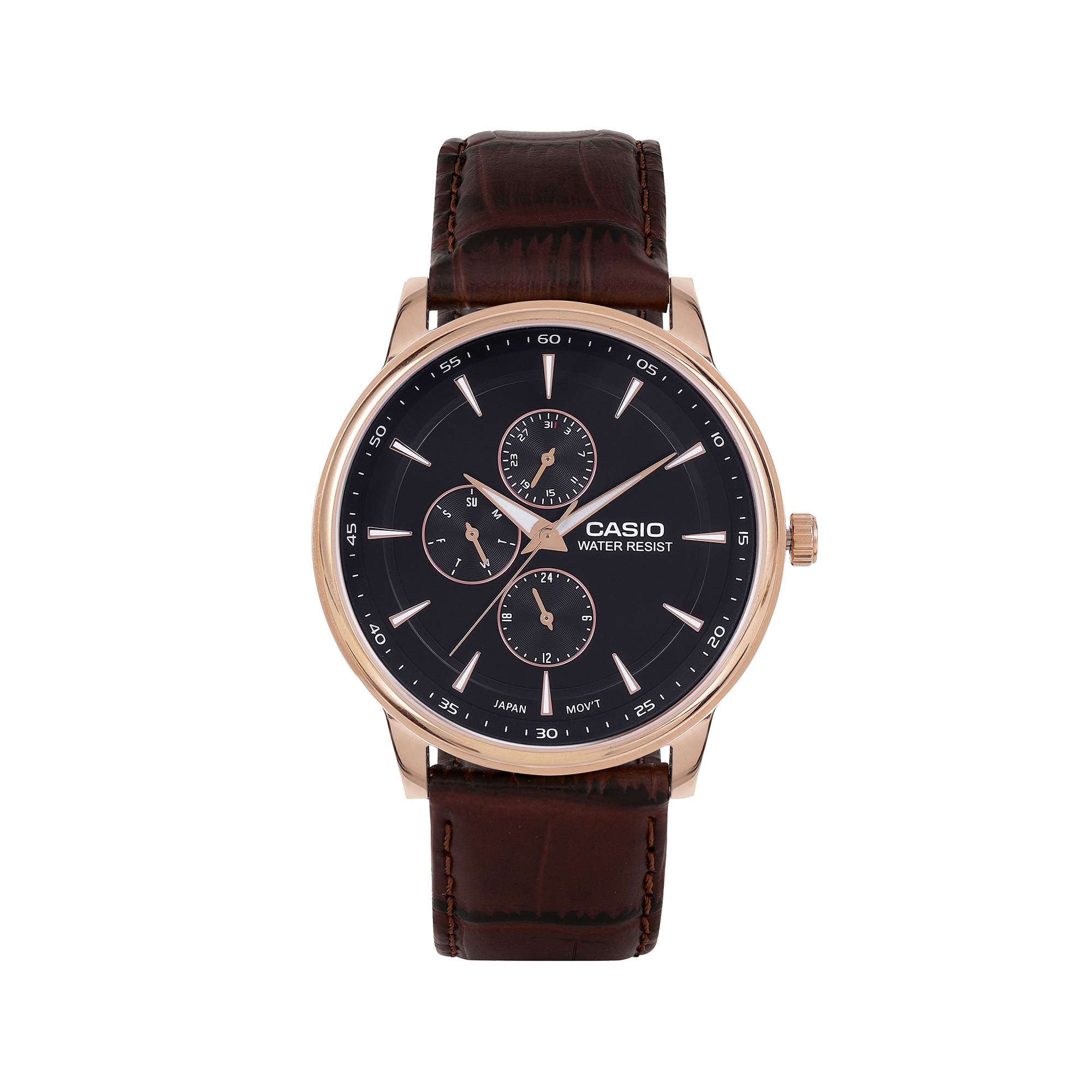 Casio A2460 Enticer Men’s Quartz Analog Watch with Black Dial, Brown Leather Strap