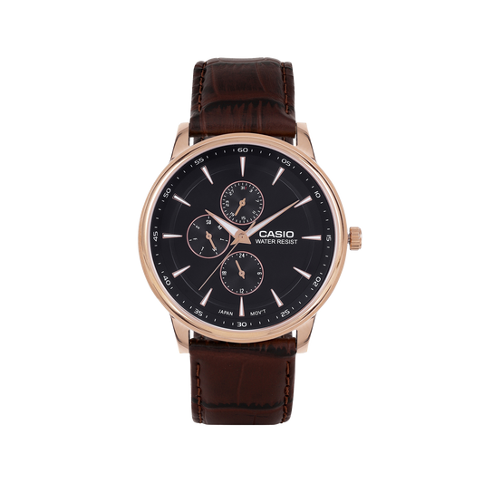 Casio A2460 Enticer Men’s Quartz Analog Watch with Black Dial, Brown Leather Strap