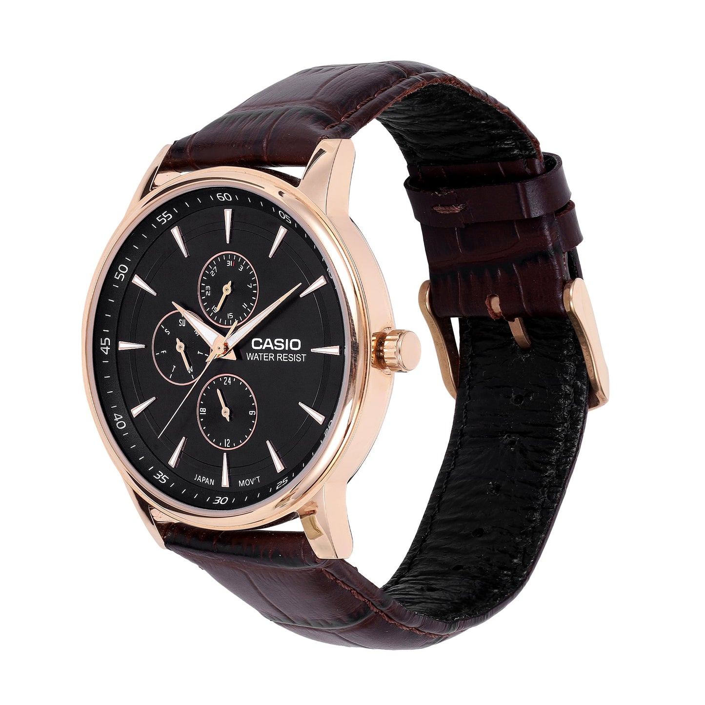 Casio A2460 Enticer Men’s Quartz Analog Watch with Black Dial, Brown Leather Strap
