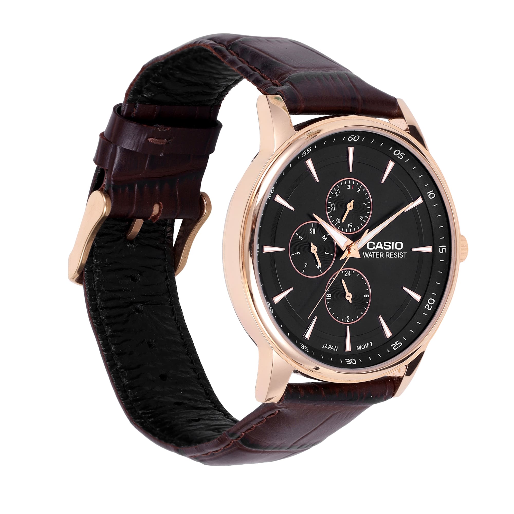 Casio A2460 Enticer Men’s Quartz Analog Watch with Black Dial, Brown Leather Strap