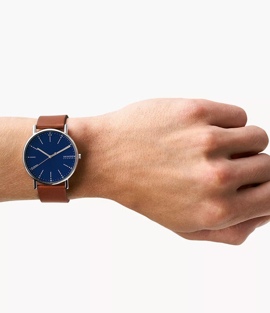 Skagen SKW6355 Signatur Quartz Deep Ocean Blue Dial Brown Leather Strap Men's Watch