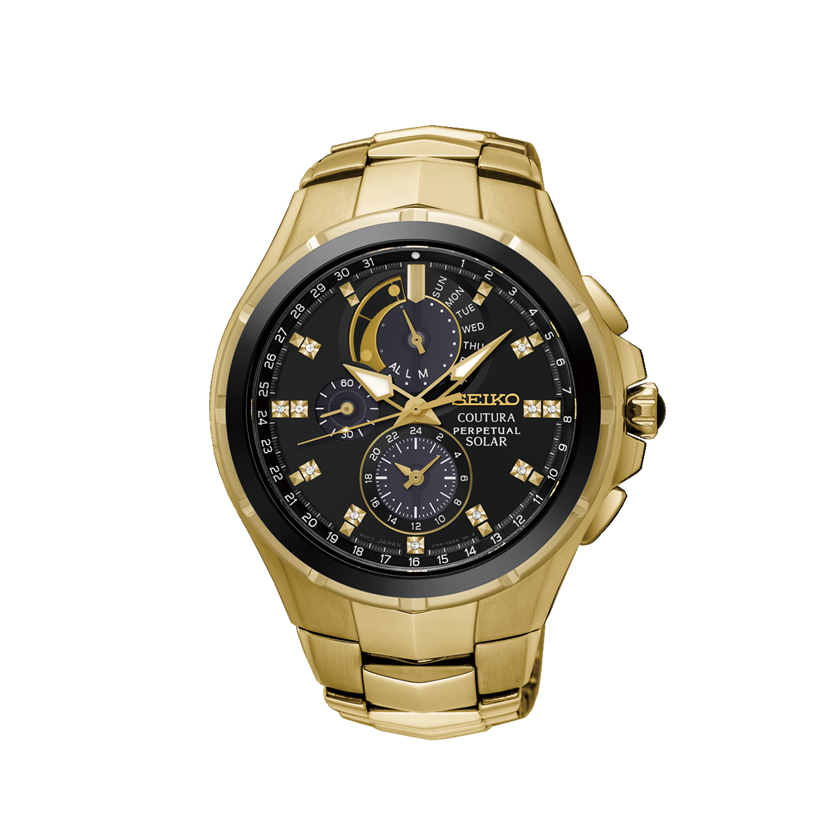 Elegant Seiko Coutura men's gold-tone watch with solar movement and sapphire glass