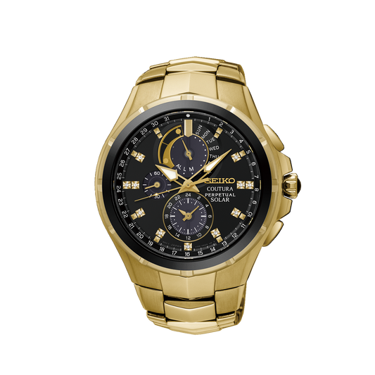 Elegant Seiko Coutura men's gold-tone watch with solar movement and sapphire glass