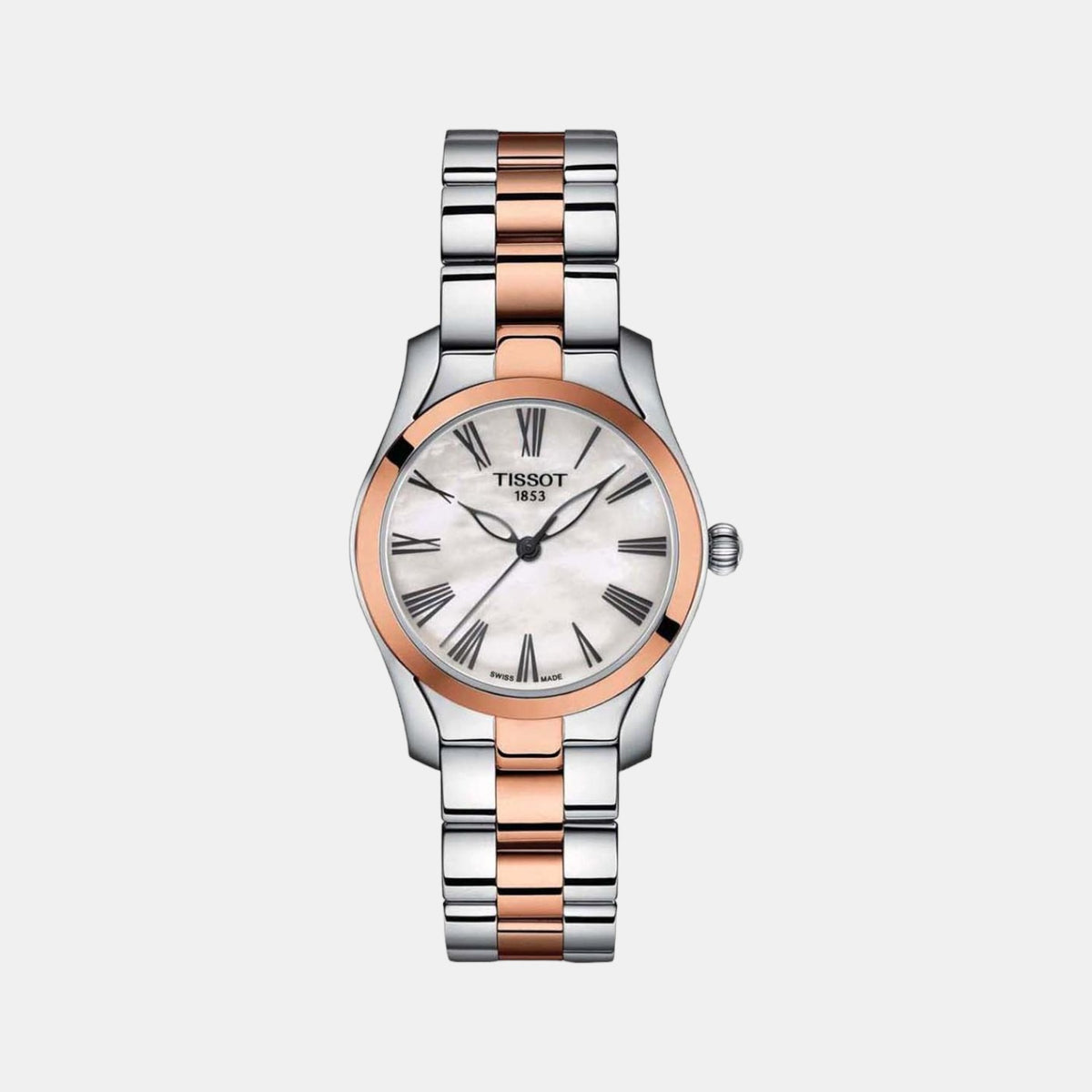 Tissot T1122102211301 White Mother-of-Pearl Dial 30 mm Women’s Swiss Quartz T-Wave Watch – Two-Tone Stainless Steel & Rose Gold PVD Bracelet, Sapphire Crystal