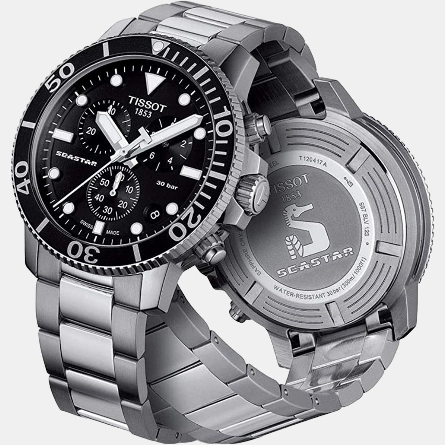 Tissot T1204171105100 Black Dial Men’s Swiss Quartz Chronograph Watch with Stainless Steel Case & Bracelet