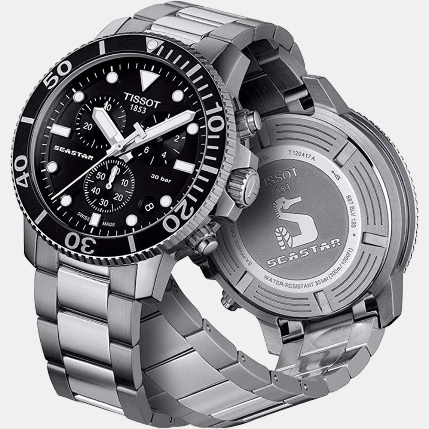 Tissot T1204171105100 Black Dial Men’s Swiss Quartz Chronograph Watch with Stainless Steel Case & Bracelet