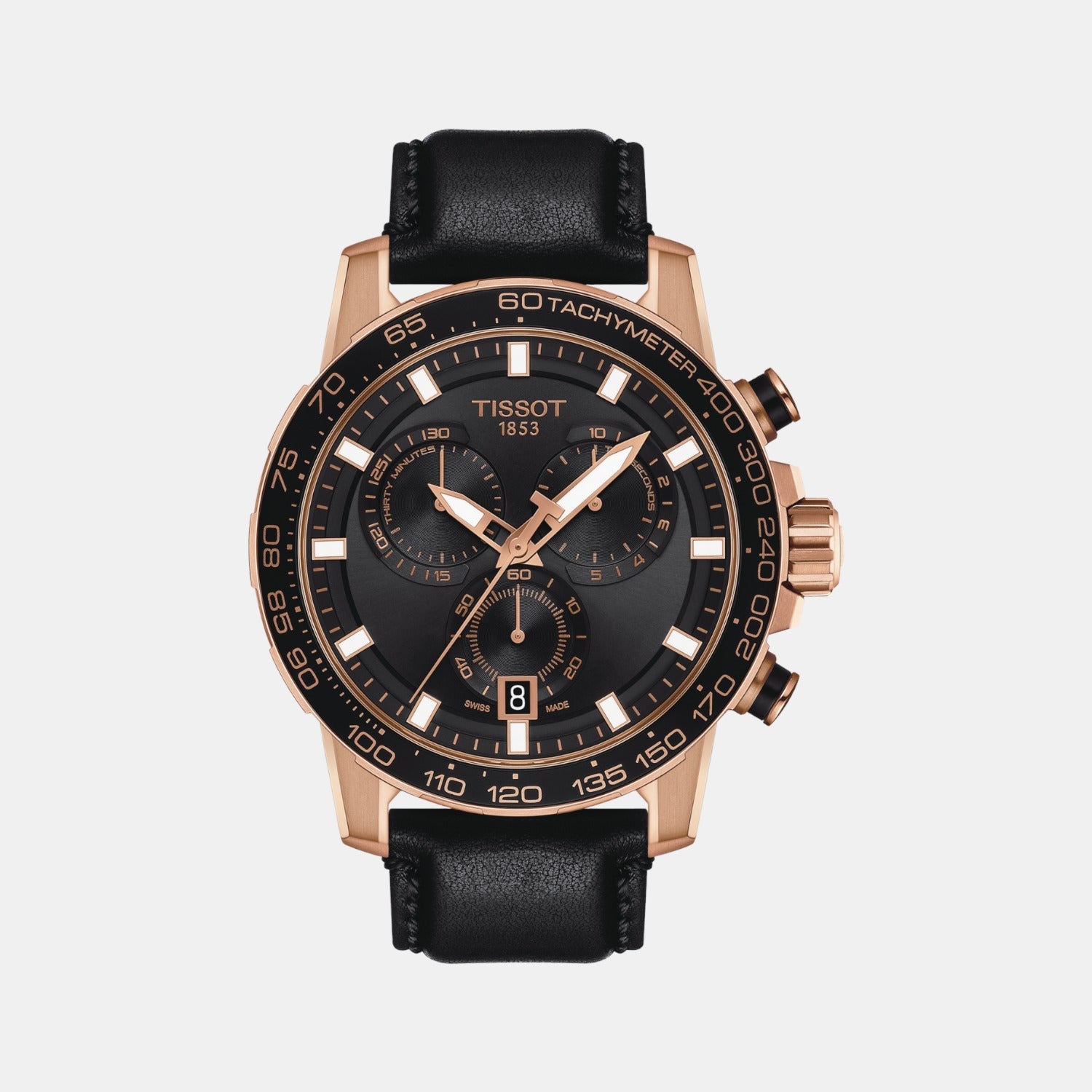 Tissot T1256173605100 Black Dial Men’s Swiss Quartz Supersport Chrono Watch – Rose Gold PVD & Stainless Steel Case, Black Leather Strap