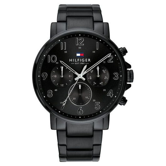 Tommy Hilfiger NSTH1710383W Men’s Black Dial Black Stainless Steel Strap Quartz Multifunction Analog Watch – Round Metal Case, Mineral Glass, Push-Button Deployment Clasp, Water-Resistant