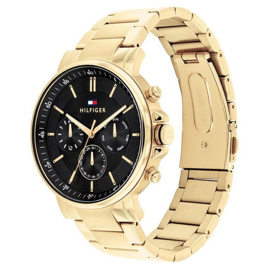 Tommy Hilfiger NTTH1710589 Analog Quartz Men’s Watch with Black Dial and Gold Stainless Steel Strap