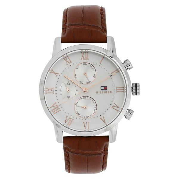 Tommy Hilfiger NETH1791400 Men Silver Dial Brown Leather-Strap Multifunction Watch