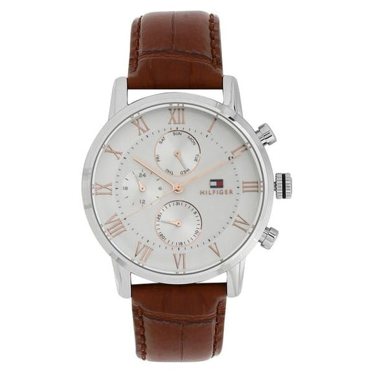 Tommy Hilfiger NETH1791400 Men Silver Dial Brown Leather-Strap Multifunction Watch