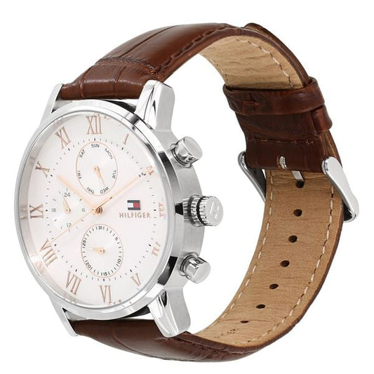 Tommy Hilfiger NETH1791400 Men Silver Dial Brown Leather-Strap Multifunction Watch