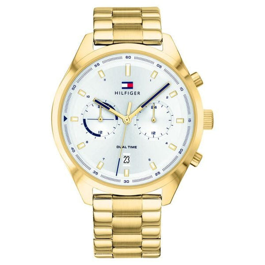 Tommy Hilfiger NETH1791726 Men’s Silver Dial Gold Stainless Steel Strap Quartz Multifunction Analog Watch – Round Metal Case, Mineral Glass, Push-Button Clasp, 50 m Water-Resistant