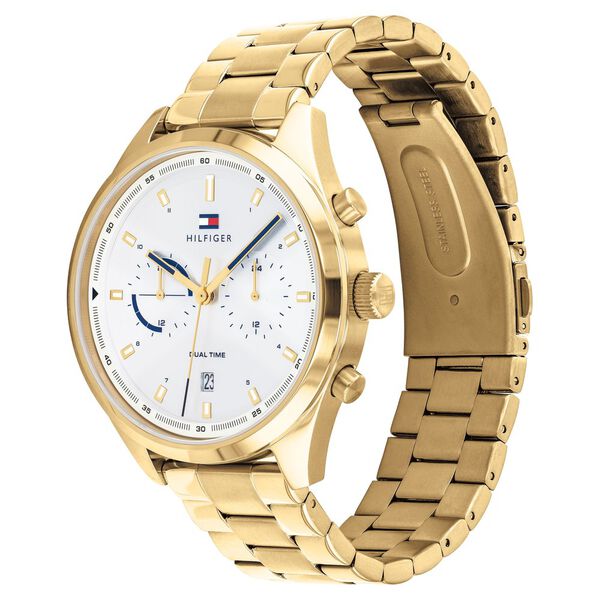 Tommy Hilfiger NETH1791726 Men’s Silver Dial Gold Stainless Steel Strap Quartz Multifunction Analog Watch – Round Metal Case, Mineral Glass, Push-Button Clasp, 50 m Water-Resistant