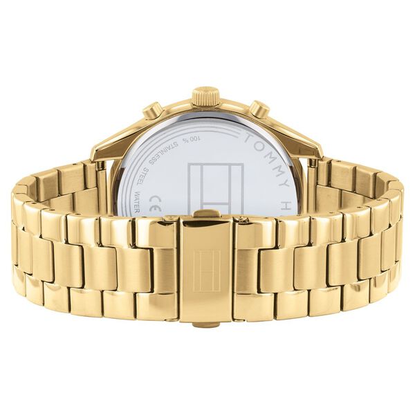Tommy Hilfiger NETH1791726 Men’s Silver Dial Gold Stainless Steel Strap Quartz Multifunction Analog Watch – Round Metal Case, Mineral Glass, Push-Button Clasp, 50 m Water-Resistant