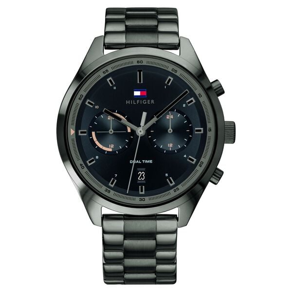 Tommy Hilfiger NETH1791727 Men’s Black Dial Grey Stainless Steel Strap Quartz Multifunction Analog Watch – Round Stainless Steel Case, Mineral Glass, Push-Button Deployment Clasp, 50 m Water-Resistant