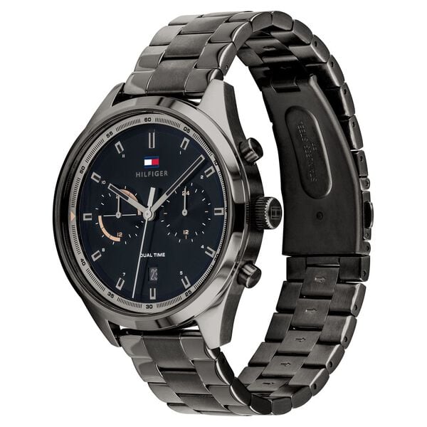 Tommy Hilfiger NETH1791727 Men’s Black Dial Grey Stainless Steel Strap Quartz Multifunction Analog Watch – Round Stainless Steel Case, Mineral Glass, Push-Button Deployment Clasp, 50 m Water-Resistant