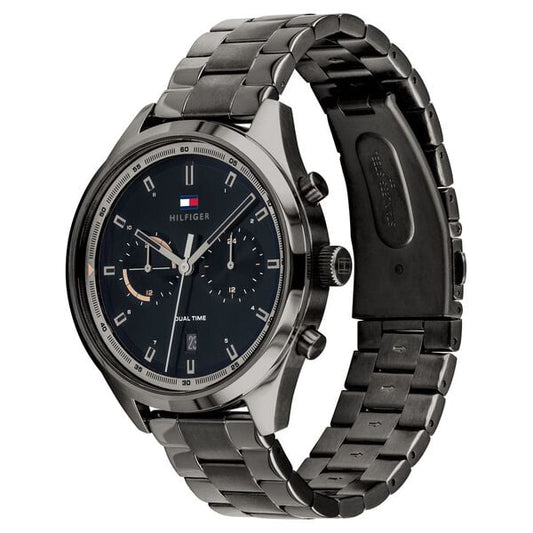 Tommy Hilfiger NETH1791727 Men’s Black Dial Grey Stainless Steel Strap Quartz Multifunction Analog Watch – Round Stainless Steel Case, Mineral Glass, Push-Button Deployment Clasp, 50 m Water-Resistant